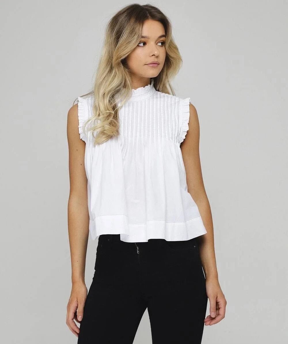 Ganni White Pintucked Ruffle Mock Neck Back Button Up Babydoll Blouse Top Size 8